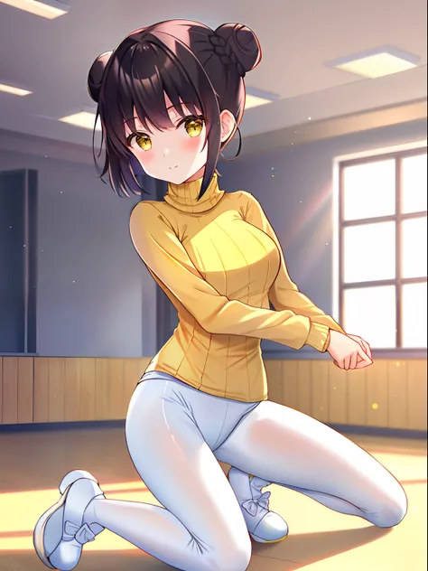 1 girl, solo, best quality, highres, ultra details, loli, full body,black hair, high quality eyes, (twin buns:1.3), (hairbows:1.2), short hair, (yellow_turtleneck_sweater:1.5), long sleeves, medium breast, (white tight leggings:1.4), (yellow cutter_slipper...