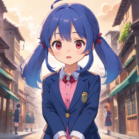 Very cute chibi anime girl, Mini Characters、Solo, Simple background, Beautiful twin tails 、 Pretty girl、Cute Chibi、 Dark blue blazer, Pink skirt、High School Uniform, Full body ,Im insanely surprised、 I was very surprised.、Highly detailed face and eyes, The...