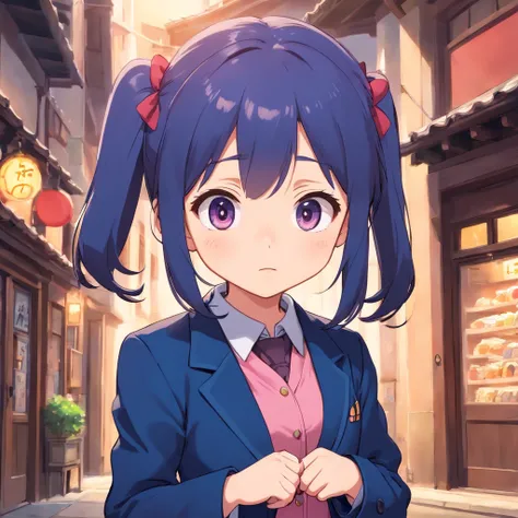 Very cute chibi anime girl, Mini Characters、Solo, Simple background, Beautiful twin tails 、 Pretty girl、Cute Chibi、 Dark blue blazer, Pink skirt、High School Uniform, Full body ,Im insanely surprised、 I was very surprised.、Highly detailed face and eyes, The...