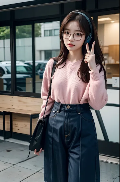 there is a woman with glasses and headphones giving a thumbs up, jinyoung shin, tzuyu from twice, jaeyeon nam, with glasses, park ji-min, jossi of blackpink, inspired by Kim Jeong-hui, lee ji-eun, lee ji - eun, heonhwa choe, li zixin, with glasses on, bae ...