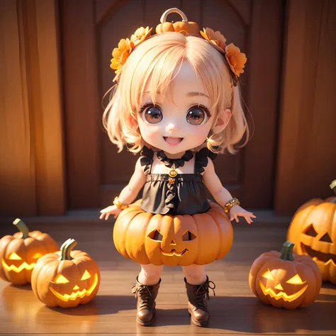 Cute Baby Chibi Anime、(((chibi 3d))) (Best Quality), (masutepiece)、Chibi pumpkin、Put the pumpkin on your head、Pumpkin Lantern Ornament、Open your mouth and smile、a small face、petite body、a baby face、Jewelry Decoration Costumes、Pumpkin Ornament Boots、Standin...