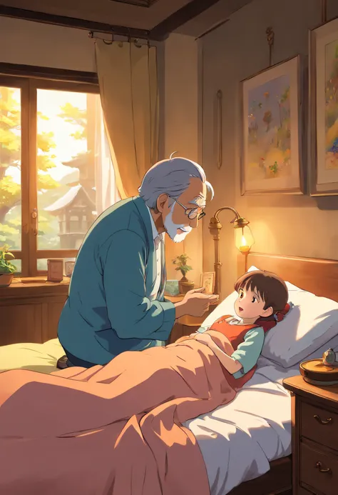 a grandfather telling a story to his granddaughter at bedside