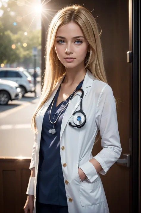 shopping mall, long blonde fringe hair, brown eyes, 1girl, doctor, Stethoscope on neck, smile, innocent, 100mm lens, (photorealistic, lens flare:1.4), look right side,  as doctor, uniform, (intricate details:1.2),(masterpiece, :1.3),(best quality:1.4), (ul...