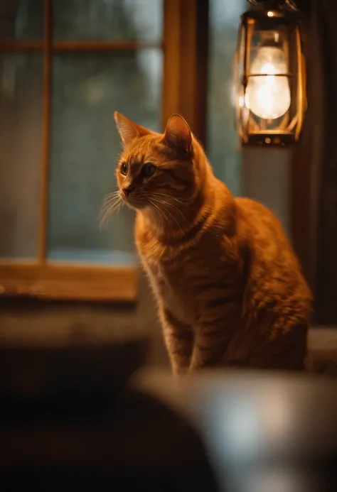 retrato de um gato laranja com olhar reflectivo em uma borboleta voadora roxa envolta em particulas douradas e reflexo furta-cor