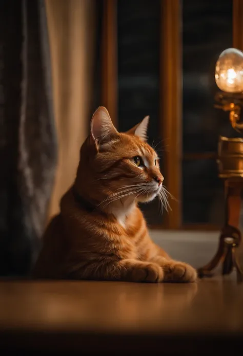 retrato de um gato laranja com olhar reflectivo em uma borboleta voadora roxa envolta em particulas douradas e reflexo furta-cor