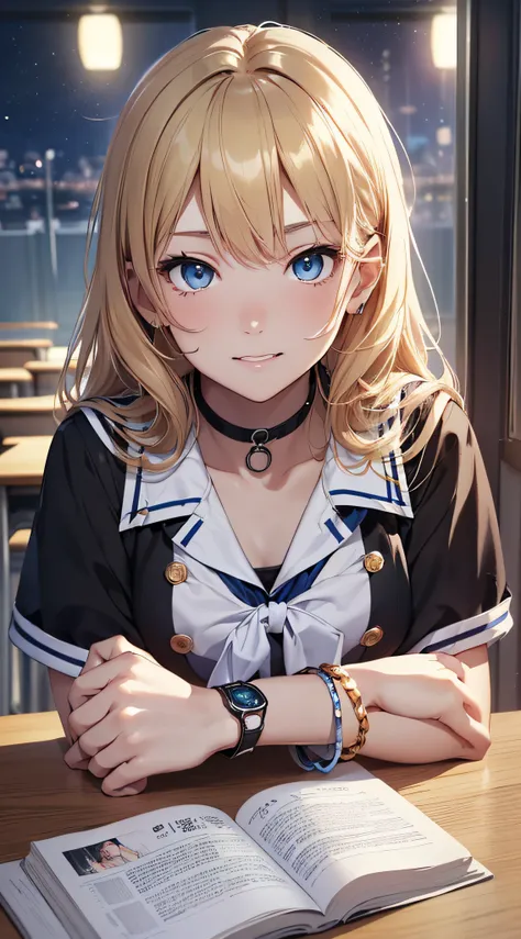 top-quality、Top image quality、​masterpiece、girl with((18year old、Sailor suit with short sleeves、Black Sports Bra、Blue short skirt、Best Bust、Bust 85、a blond、Longhaire、Blue eyes、open chest wide、Happiness、Black wristband on wrist、A slender、Shy face、耳Nipple Ri...