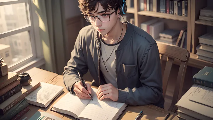 boy, 20s, glasses, sitting in front of computer, studying, pen in hand, headphones, books, notebook, bedroom,    - --auto --s2