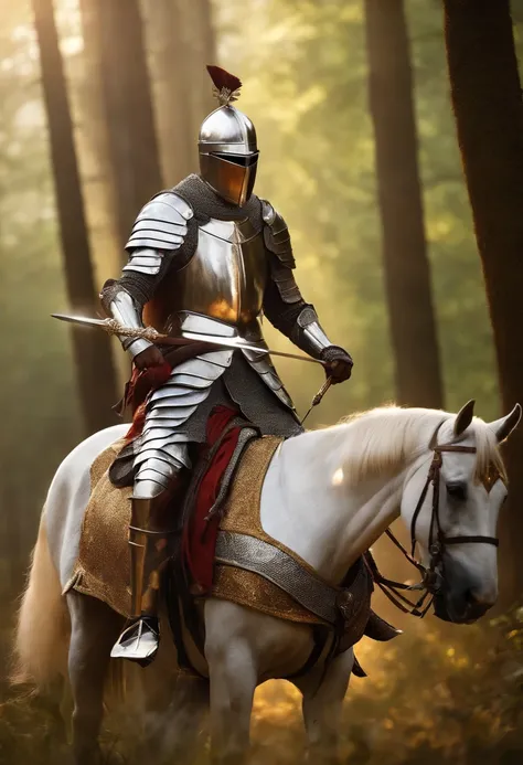 "A royal knight with a majestic aura, Dressed in shiny silver armor, Wielding the sword of legend,With a bow on his back, he rode on the forest trail on the field, ，Sunlight illuminates the scene.，