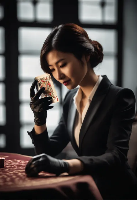 A young Japanese woman with a black suit up to a shirt and playing cards with black leather gloves on both hands