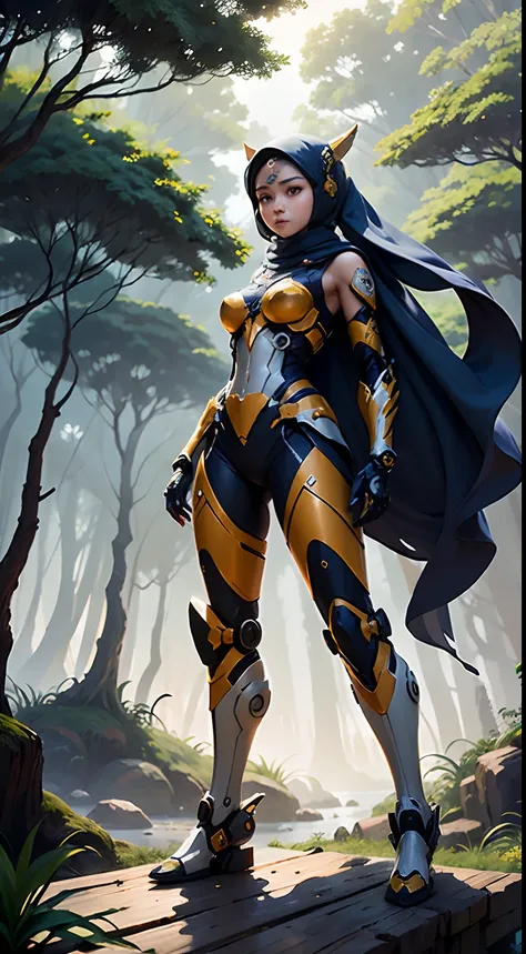 Create a serene yet powerful scene where the Malay girl in hijab, in her mecha hero attire, stands resolute amidst a tranquil forest, blending nature and technology in a harmonious way.