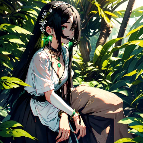 Necklaces and earrings、Smiling girl wearing bracelet and other accessories，She is white and has long black hair and moss green moist eyes.，She is wearing a black dress that shines with accessories.，