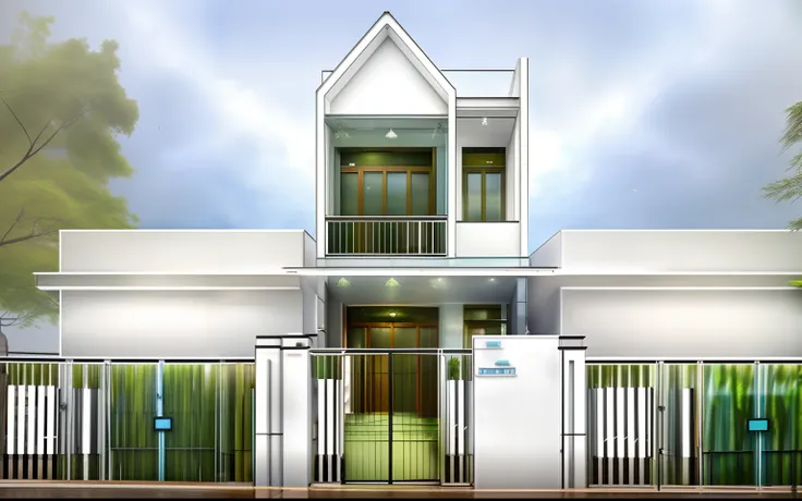 a street house, background bluesky, many trees, road, rain, glass green, white wall, gate stone grey