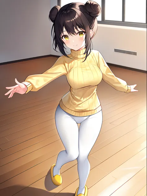 1 girl, solo, best quality, highres, ultra details, loli, full body,black hair, high quality eyes, (twin buns:1.3), (hairbows:1.2), short hair, (yellow_turtleneck_sweater:1.5), long sleeves, medium breast, (white tight leggings:1.4), (yellow cutter_slipper...