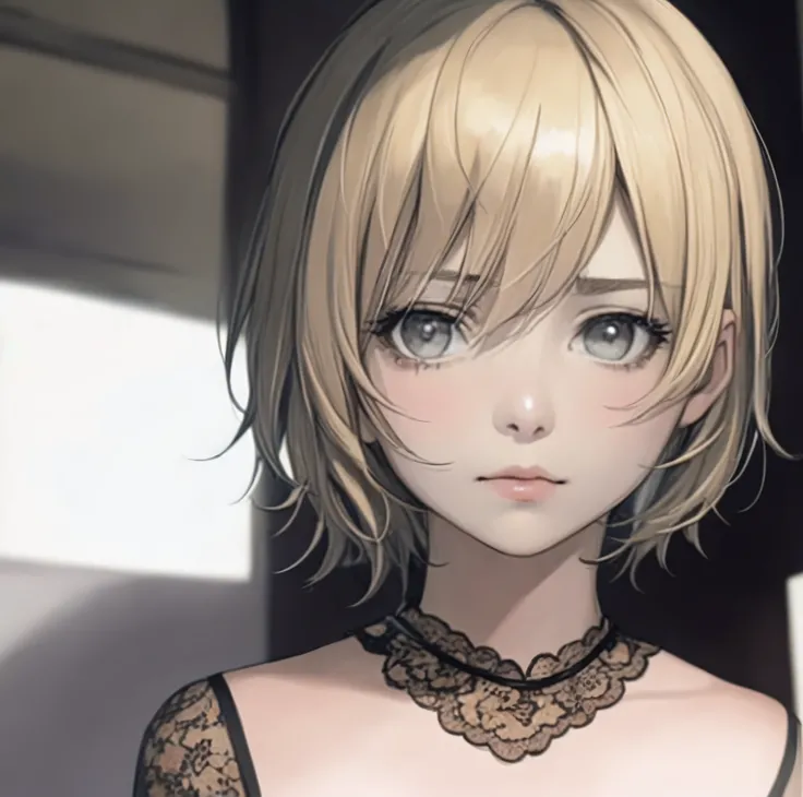 Near future, blonde short hair, foreign girl about 10 years old, sad expression, ephemeral, realistic anime style, beautiful girls face, masterpiece, finest, high quality, elaborate, beautiful