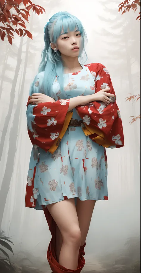 Young woman 18-years old, straight light blue hair, (free long hair) , dressed as a shaolin monk, (red and white dress), forest background, masterpiece, hyperdetailed, belt with big round buckle, bandages in the hands,