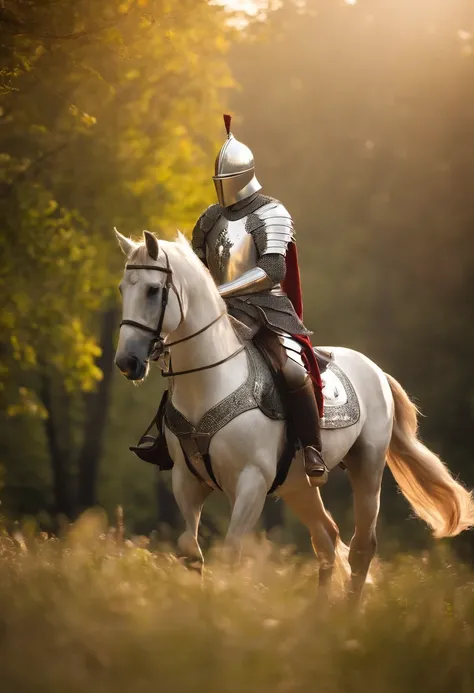 (Solemn royal knight),Armor，ride horse，Dressed in shiny silver armor, Wield a European-style sword,Carrying a wooden bow, He rode on a forest trail in the field, ，Sunlight illuminates the scene.，，The foreground is a small flower，The front shadow is blurred...