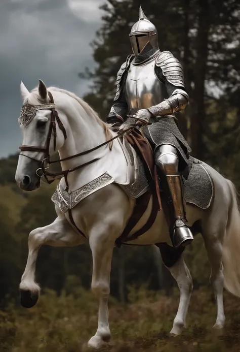 (Solemn royal knight),Armor，ride horse，Dressed in shiny silver armor, Wield a European-style sword,Carrying a wooden bow, He rode on a forest trail in the field, ，Sunlight illuminates the scene.，，The foreground is a small flower，The front shadow is blurred...