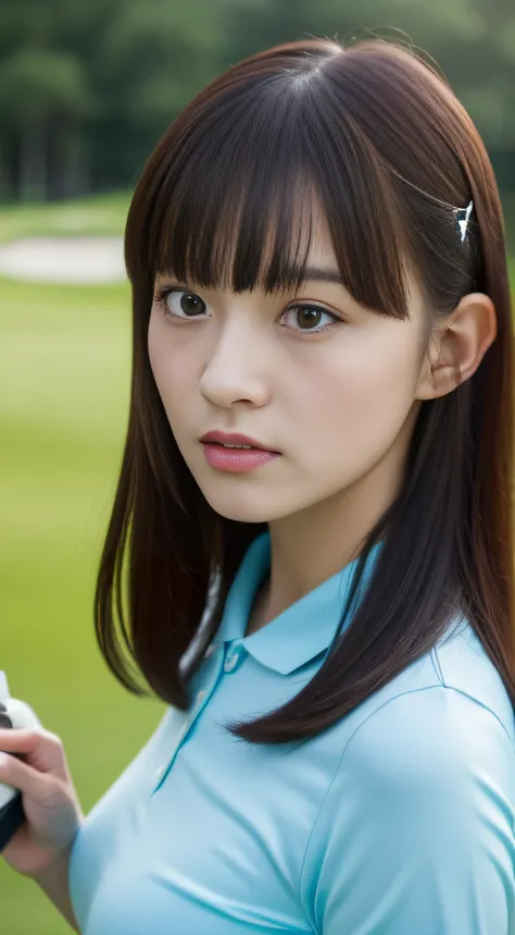 ((golf course))、golf club、full bodyesbian、(​masterpiece、top-quality) 、kawaii、(Colossal tits:1.2)、((20 year old woman:1.2))、Young adorable Japan face, ,Soft portrait shots,in 8K,、Young cute gravure idol