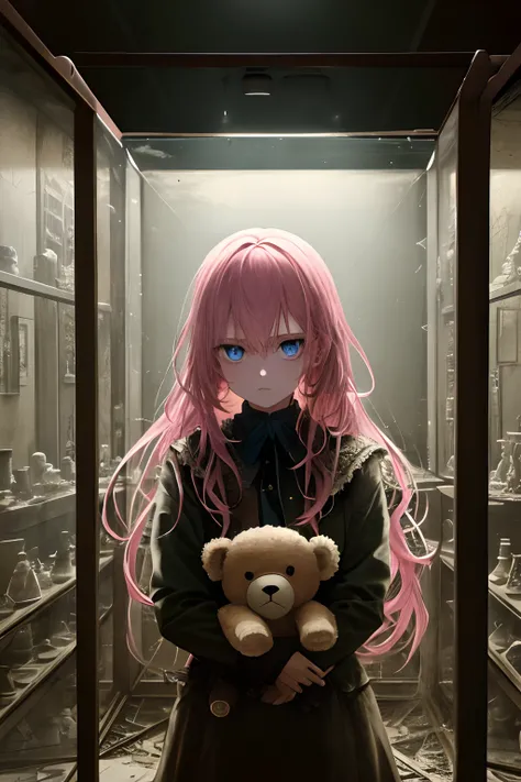 1girll, Pink hair, Blue eyes, ), Face focus, Long hair, side locks, holding teddy bear, Atmospheric lighting, Moody, Darkness, In an abandoned old museum, Clear glass display case full of interesting items, Dusty, Post-apocalypse, spiderwebs, masterful, Be...