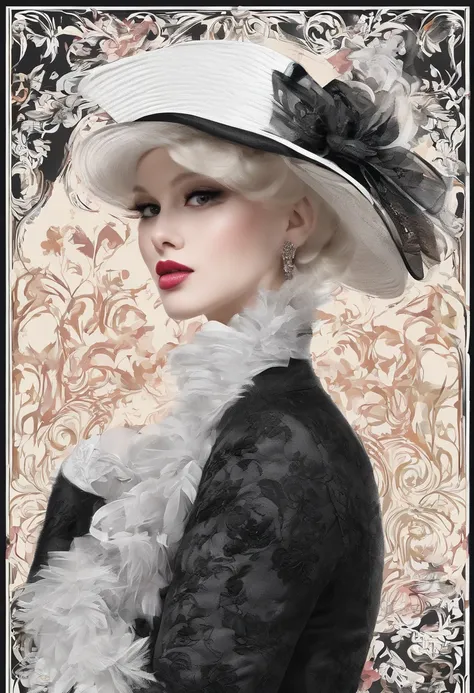 The model wears a black jacket and white hat, In the style of 32K UHD, Rococo elegance, Vintage style design, bold curves, ferrania p30, Limited color range, English School