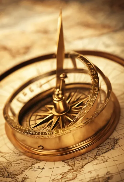 Archaic bronze compass centered。The compass needle is golden、Pointing in a specific direction。 The compass background is、Depict fine global maps and stock price graphs with reduced transparency