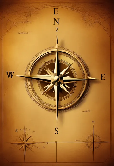 Archaic bronze compass centered。The compass needle is golden、Pointing in a specific direction。 The compass background is、Depict fine global maps and stock price graphs with reduced transparency