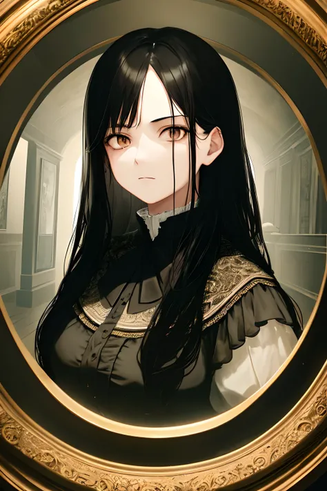 1girll, Black hair, Brown eyes, ), Face focus, Long hair, side locks,, Atmospheric lighting, Moody, Darkness, Under a mansion, Clear glass display case full of interesting items, Dusty,  masterful, Beautiful 8k wallpaper, Extremely detailed, Intricate，Bust...