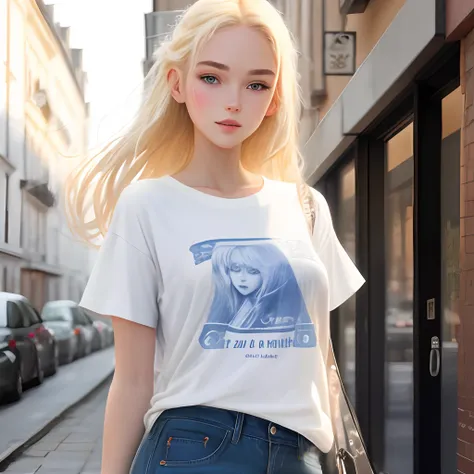 Fille blonde en jean acec un t shirt blanc