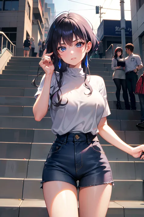 Michiru Hyodo、silber hair、Colossal tits、Blue eyes、Ring earrings、Damage　Black high-waisted jeans、shuicolor　Stripes　frill shirt、Red high heels、station　escalators