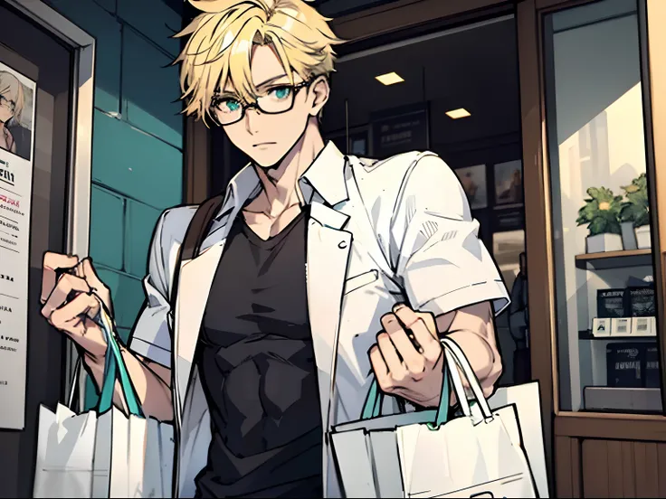 Nice looking Glasses, Blonde Hair, aqua eyes, Low Fade hairstyle sharp and muscular jawline, Only 1 Man, Wearing a shirt, Holding a White Shopping bag, Bag is full