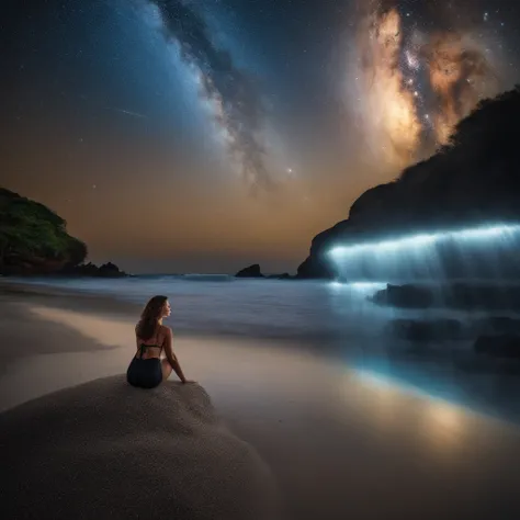 Master Parts、Superior Quality、superior image quality、The 8k quality、Beautiful pictures of the starry sky、magnifica、Arched Milky Way:1.9、Woman in swimsuit sitting on beach looking up at starry sky