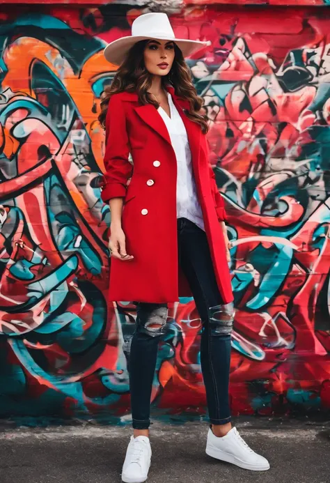 The model wears a red jacket and a white hat, In the style of 32K UHD, Rococo elegance, Vintage style design, bold curves, ferrania p30, Limited color range, English School