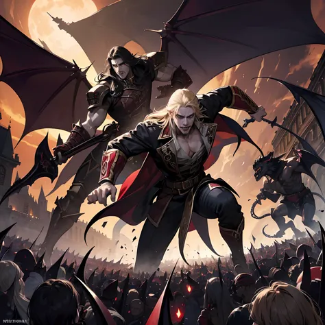 Castlevania Shadow Lord handsome Muscular Lord Dracula leading troops armed with demons to war hyper realistic super detailed dynamic pose super detailed faces hyper realistic super detailed faces hyper realistic super detailed correct poses Anatomy versus...