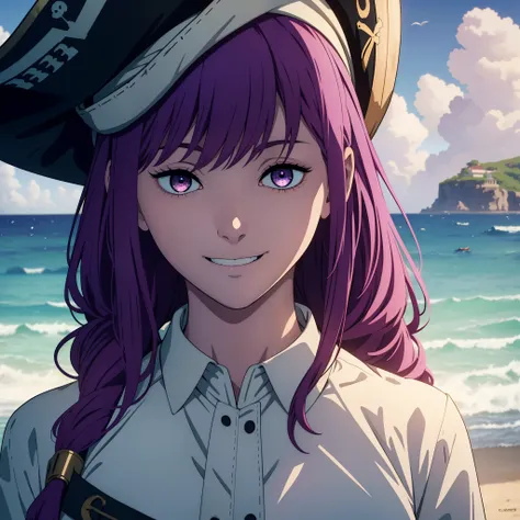 1girl, pirate girl, gorgeous hair in long purple, smile, sea, noble clothes, white dress, looking at somewhere, ((masterpiece)), ((best quality)), ((high detailed illustration)), ((high detailed background)), ((hi-res)), ((4k resolution))