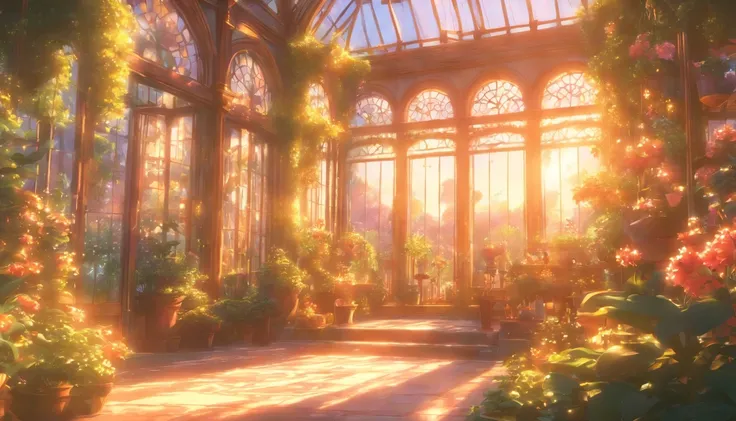 ​masterpiece, greenhouse, Fantasy, beautiful gardens, Palace gardens, Bright sunlight, Belle Époque, Pixar, Cinematic lighting, Back lighting, 4k, UHD, Best Quality