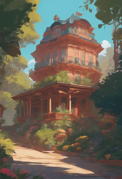 Realstic, real life, Belle vieille maison coloniale sur la colline, Style Laurie Greasley, Studio Ghibli, Akira Toriyama, James Gilleard, Impact de Genshin, Tendance Pixiv Fanbox, Spatule acrylique, 4K, Vibrant colors, Devinart, tendance dans ArtStation