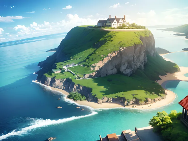 Sea, Blue sky full of sunshine, Clouds, A cottage, Soft lighting, Ultra photo realsisim, Cinema lighting, Miyazaki Pixar style, Landscape image of Hayao Miyazaki, surrealism, Realistic, Full-HD,1080p,2K,4K,8K, High detail, hyper qualit, high resolution, 8k...