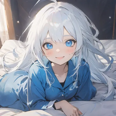 anime girl laying on bed , loli , blue eyes , white hair , smile