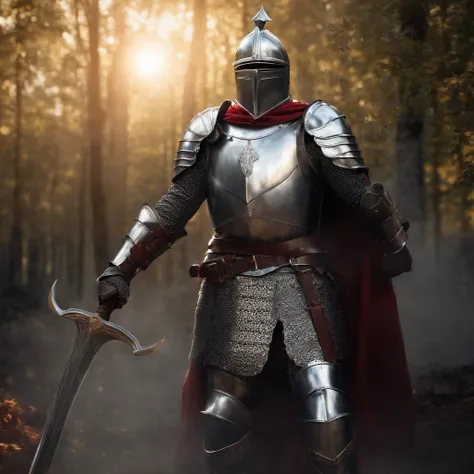 Imposing knights in heavy armor stand on the battlefield, Wielding a huge tomahawk. His armor shone with a metallic sheen, Demonstrate its strength and defensive capabilities. The intricate details of the armor add to its impressive appearance. The backgro...