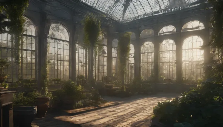 ​masterpiece, greenhouse, Fantasy, beautiful gardens, Palace gardens, Bright sunlight, Belle Époque, Pixar, Cinematic lighting, Back lighting, 4k, UHD, Best Quality