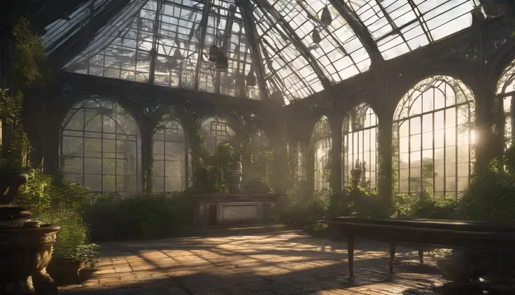 ​masterpiece, greenhouse, Fantasy, beautiful gardens, Palace gardens, Bright sunlight, Belle Époque, Pixar, Cinematic lighting, Back lighting, 4k, UHD, Best Quality