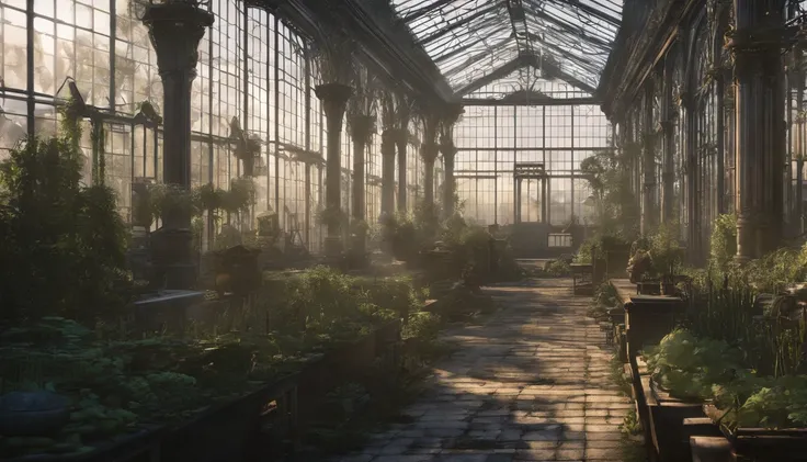 ​masterpiece, greenhouse, Fantasy, beautiful gardens, Palace gardens, Bright sunlight, Belle Époque, Pixar, Cinematic lighting, Back lighting, 4k, UHD, Best Quality