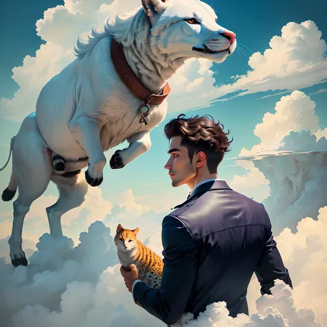 man in the clouds surrounded by many animals