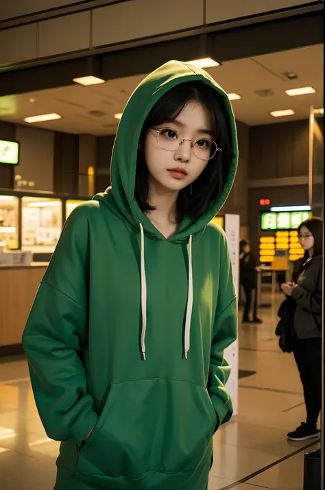 there is a woman in a green hoodie standing in a terminal, a young asian woman, girl wearing round glasses, girl wearing hoodie, young asian girl, black haired girl wearing hoodie, wearing small round glasses, wearing thin large round glasses, young asian ...