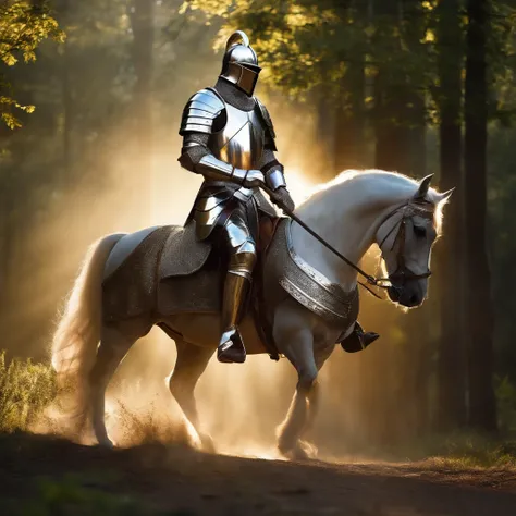 "A royal knight with a majestic aura, Dressed in shiny silver armor, Wield a European-style sword,Sunlight illuminates the scene.