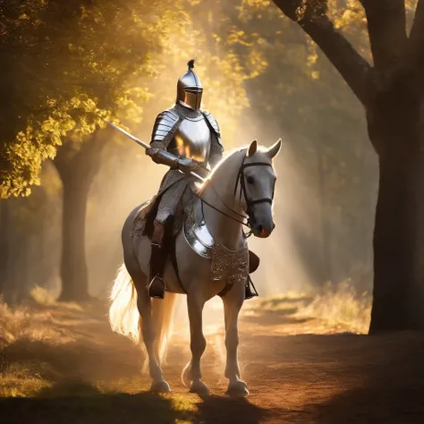 "A royal knight with a majestic aura, Dressed in shiny silver armor, Wield a European-style sword,Sunlight illuminates the scene.