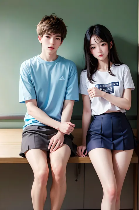 8k,Photogenic high resolution,((2 Boys High School Students)) , Talk face to face, inside in room, (​masterpiece, top-quality, absurderes), school,‎Classroom,Look at each other, Light blush,((Sportswear miniskirts))、Blue T-shirt