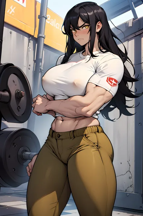 ((1 girl)), extremely long hair, solo, ((muscular)), veins, black hair, yellow eyes, blushing, (thick thighs), pale skin, strong, veins, abs, big thighs, (huge breasts), navel, standing, angry, tight pants, tight shirt