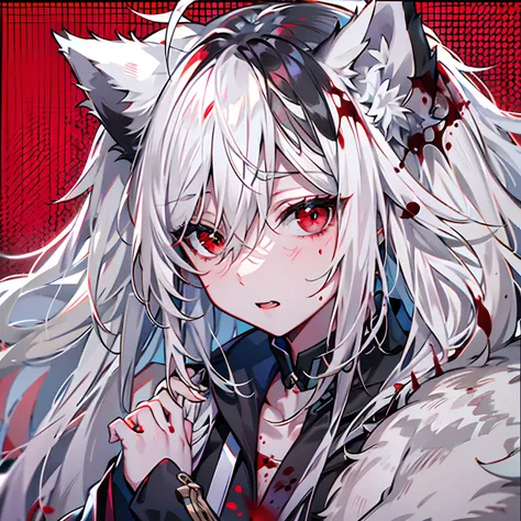 a pregirl，White hair，hair messy，Wolf ears，red color eyes，Outfit in black，Blood on the face，Sideways in a daze，Masterpiece，4k，Smooth skin，Japanese anime。