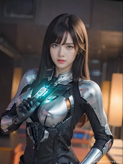 （Fight against mechanical robot soldiers）、top-quality、​masterpiece、超A high resolution、(Futuristic machine gun、holding knive),（Wearing futuristic glasses）、(Photorealsitic:1.4)、Raw photo、女の子1人、Black hair、glowy skin、((1 Mechanical Girl))、((super realistic det...